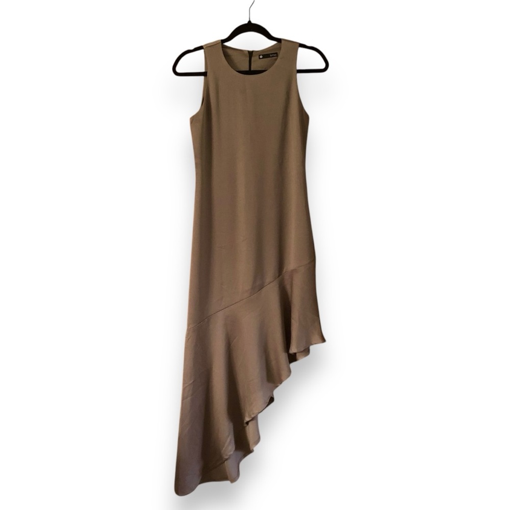 Krisa Asymmetrical Ruffle Hem Dress Sleeveless Tan Brown Size XS